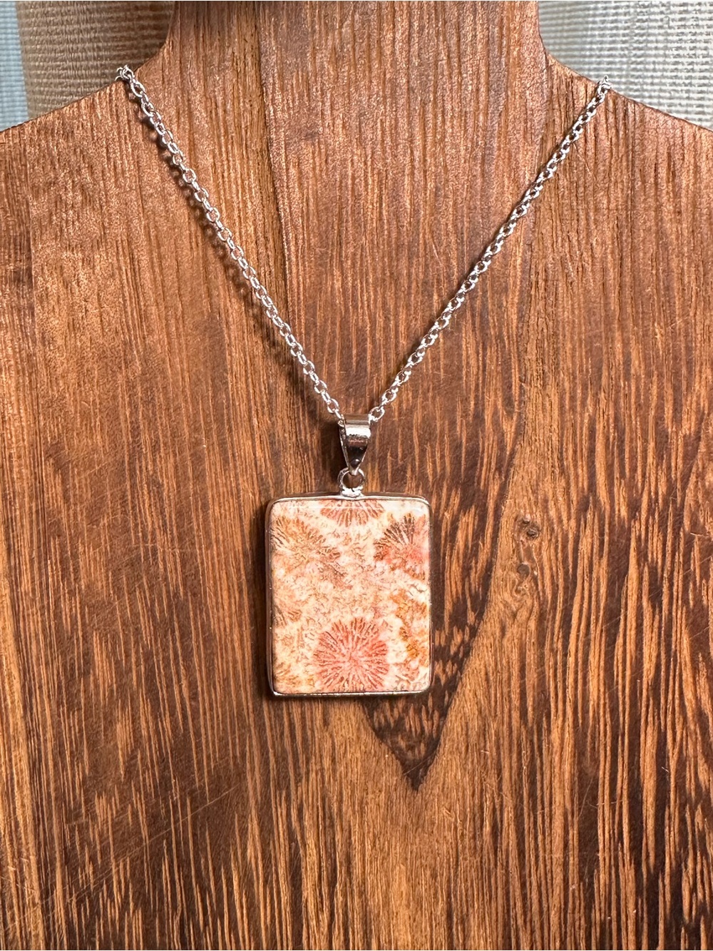 Coral Fossil Pendant Necklace on Silver Plated Box Chain - Picture 14 of 16